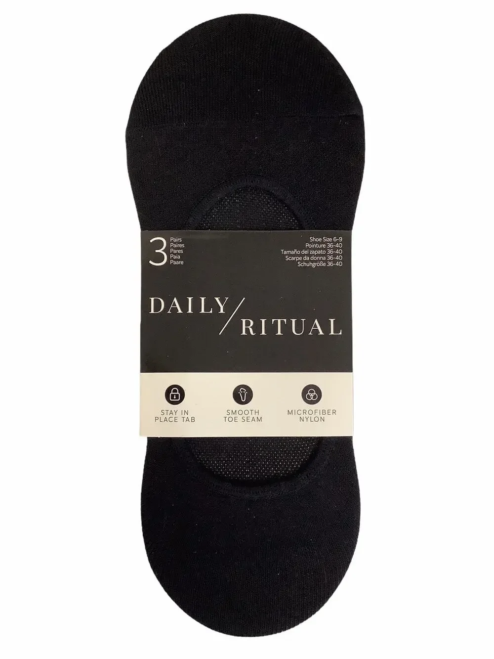 Daily Ritual 3 Pairs Black Footie Socks Size 6-9